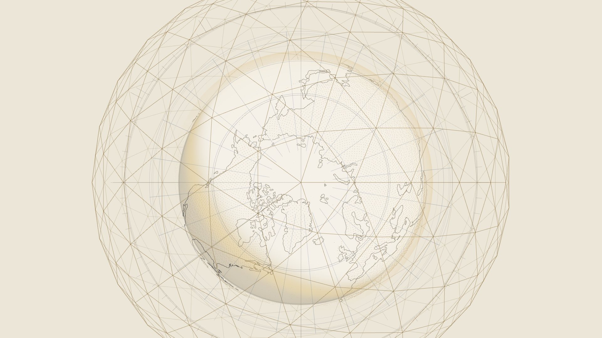 The Earth seen from above the North Pole, engraved in ink on paper with its land turned gold, inside three concentric shells: a grid, an armillary of rings with graduations, and an outer geodesic lattice.