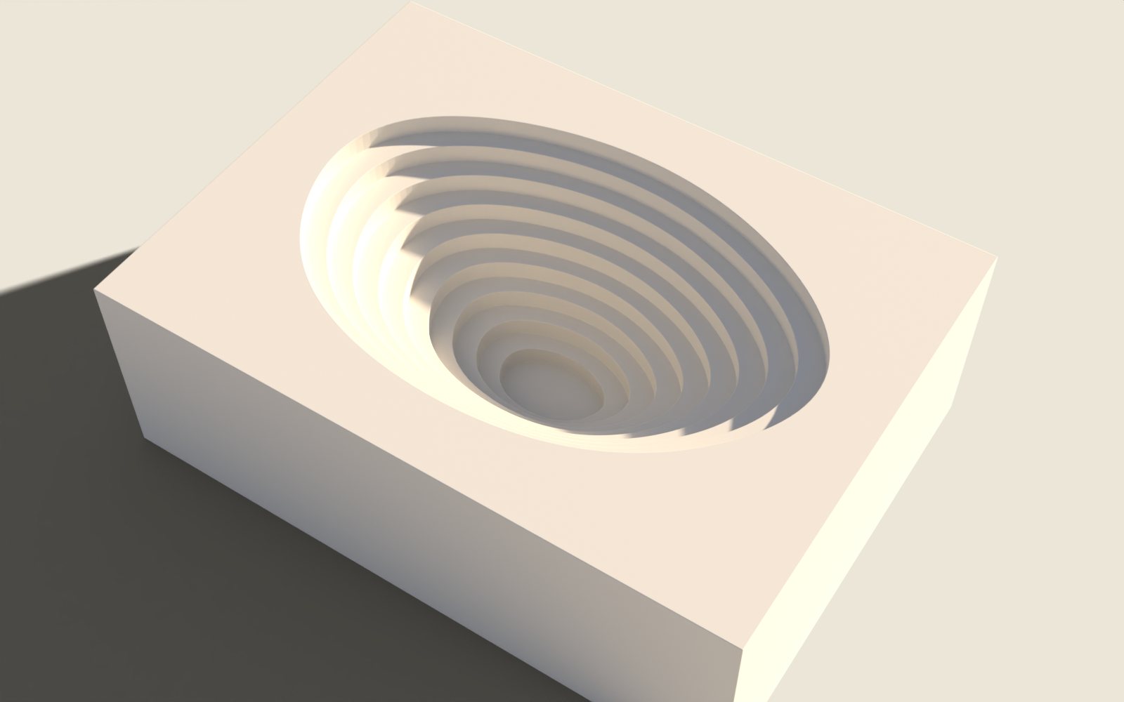 A white architectural model of an open-pit mine: a block of ground with a terraced pit descending in concentric steps, lit by a low sun.